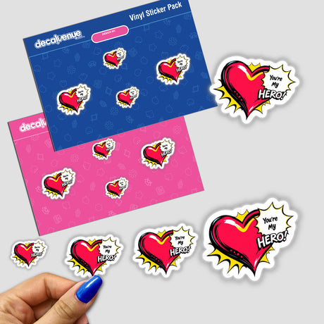 Love hearts sticker pack held in hand, featuring cartoon-style heart designs with text, reflecting Decal Venue's unique vinyl sticker offerings. Available as physical stickers or digital artwork.