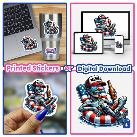 Sticker collage featuring a Zombie American Flag Float Merica design. Includes a skeleton on a float, a hand, a laptop, and a cup with the same sticker.