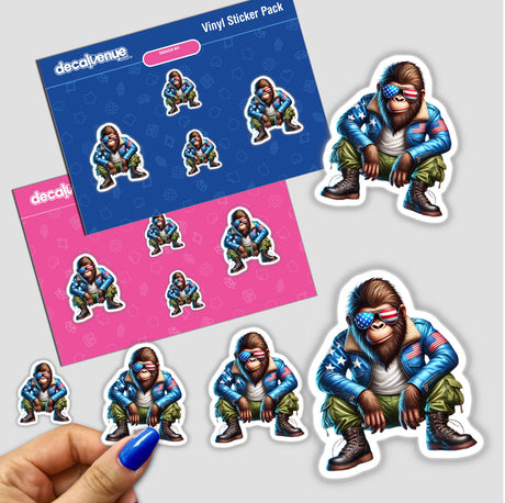 Patriotic Leather Sasquatch Aviator Sunglasses - Vinyl sticker pack featuring colorful digital artwork of Bigfoot-like characters wearing patriotic gear and sunglasses, displayed on a pink and blue background.