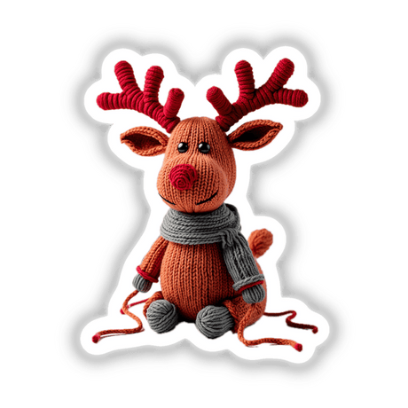 Knitted Yarn Reindeer with a scarf and hat, depicted as a stuffed animal figure. Available as unique stickers or digital artwork, reflecting Decal Venue's creative product range.