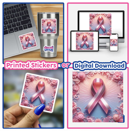 Breast Cancer Silver Series 1 collage featuring pink ribbons on various surfaces, including a laptop, mug, and phone, emphasizing awareness through unique stickers or digital artwork.