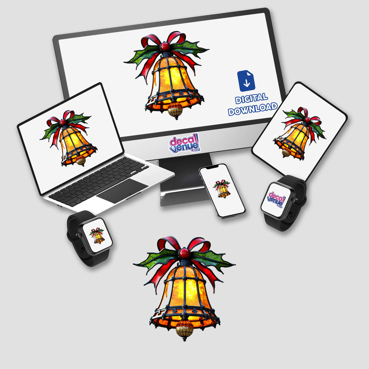 Christmas Bell Stained Glass Style depicted on a computer monitor and laptop screen, showcasing digital artwork and stickers featuring bells, available from Decal Venue.