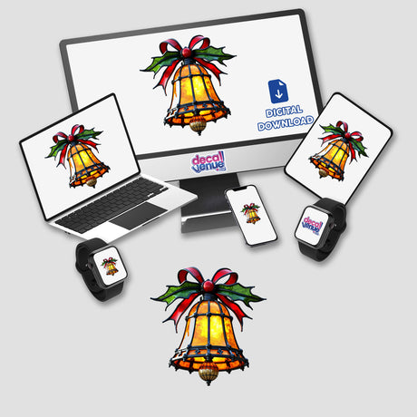 Christmas Bell Stained Glass Style depicted on a computer monitor and laptop screen, showcasing digital artwork and stickers featuring bells, available from Decal Venue.