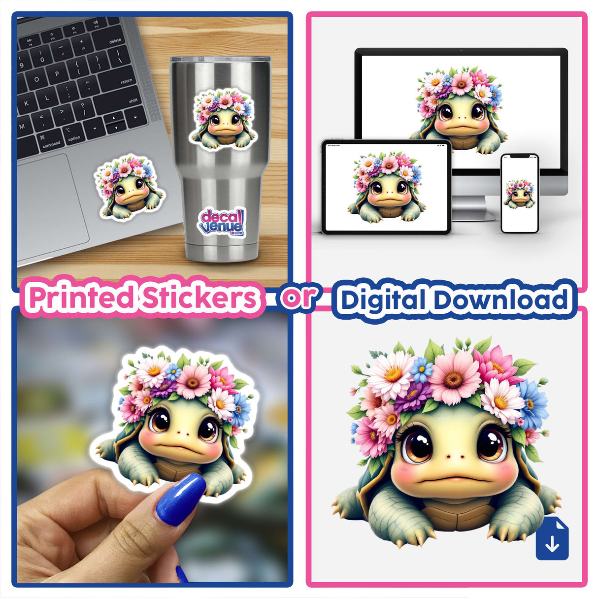 Adorable Turtle with a Spring Flower Crown sticker displayed on a laptop, featuring a cartoon turtle adorned with flowers, available as a sticker or digital artwork from Decal Venue.