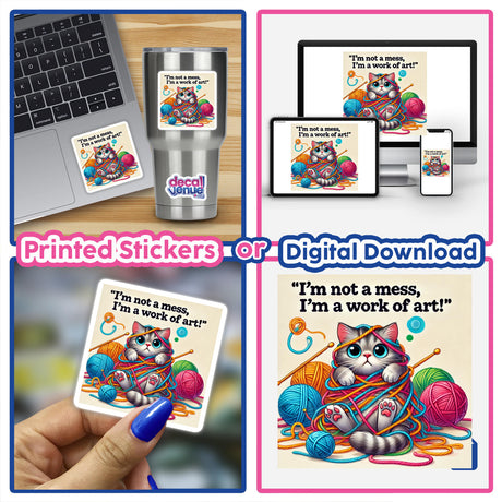 Funny Cat - I'm not a mess, I'm a work of art sticker featuring a cartoon cat playfully wrapped in yarn, displayed on a laptop and as a hand-held item.