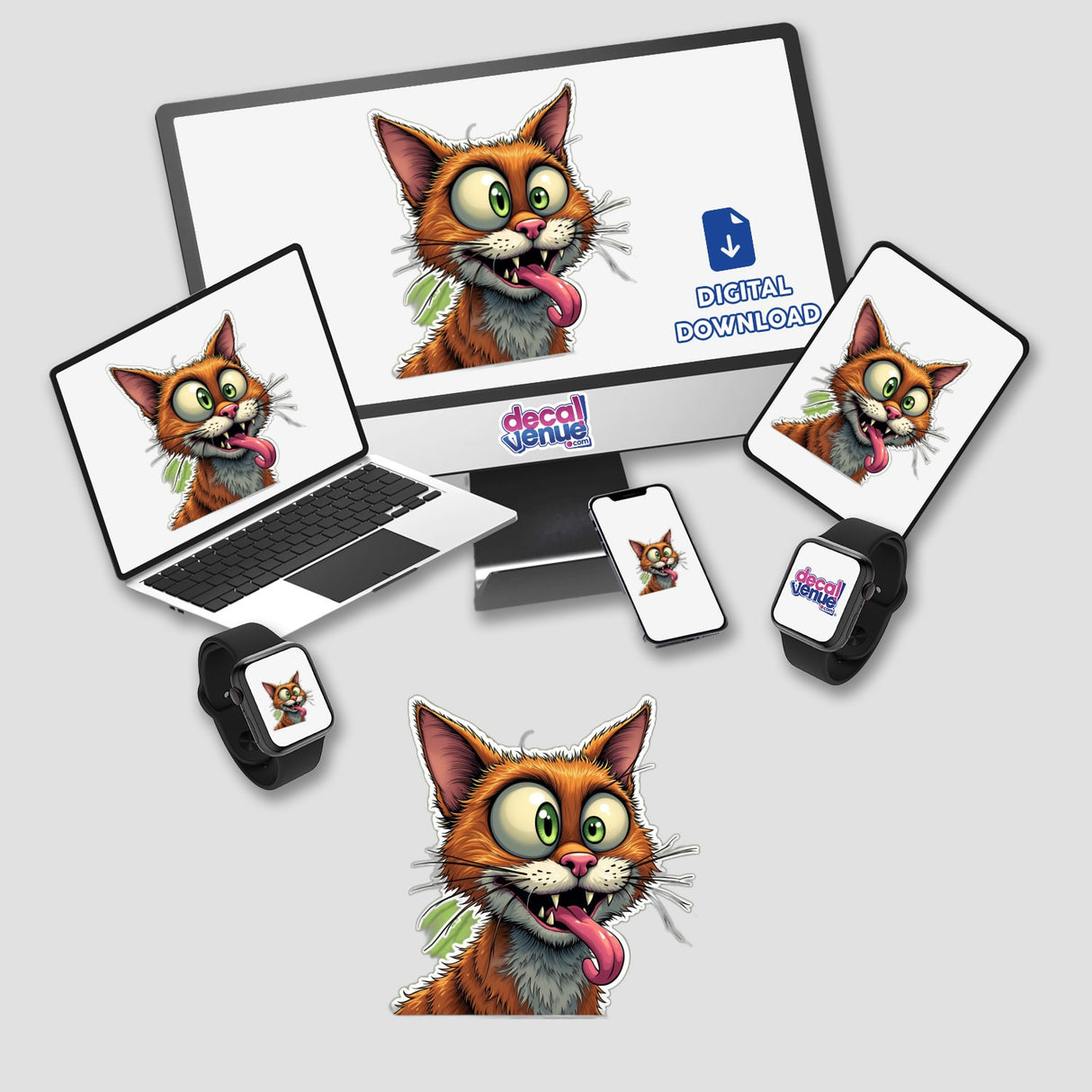 Gato Caolha digital artwork featuring a playful cat with its tongue out displayed on various devices, including a laptop, monitor, tablet, and smartwatch. Available as stickers or digital art.