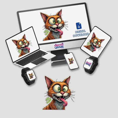 Gato Caolha digital artwork featuring a playful cat with its tongue out displayed on various devices, including a laptop, monitor, tablet, and smartwatch. Available as stickers or digital art.