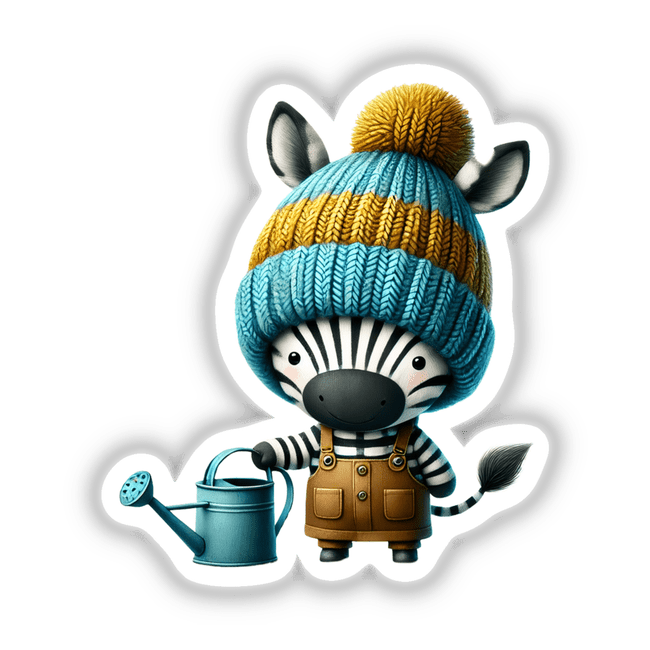 Adorable knitted zebra gnome with watering can, ready to tend to your digital garden at Decal Venue.