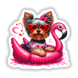 Yorkie Dog in Bathing Suit on Flamingo Float, wearing heart-shaped sunglasses, available as a unique sticker or digital artwork from Decal Venue, perfect for adding playful charm to any space.