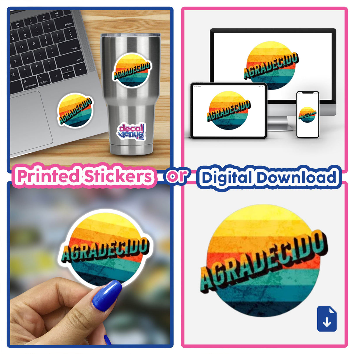 Agradecido Retro Clipart - Stickers or Download with Commercial Rights, featuring a collage of laptops, colorful circles with text, and close-ups of fingernails, available from Decal Venue.