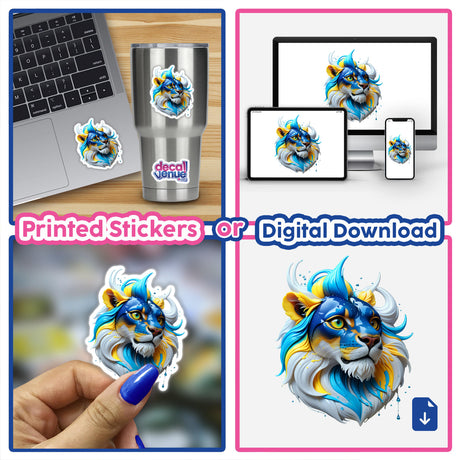 Colorful Lion Head sticker featuring a vibrant blue and yellow mane, available as a unique decal or digital artwork, reflecting Decal Venue's distinctive style.