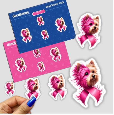 Pink Ribbon Yorkie Dog Breast Cancer stickers featuring cute Yorkie dogs with pink hair and ribbons, available as stickers or digital artwork.