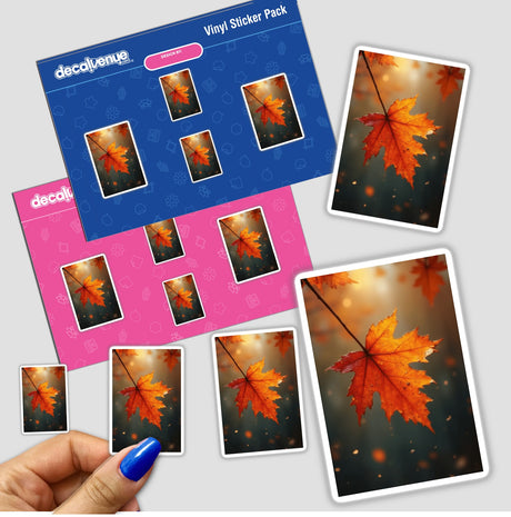 Hand holding a pack of Vibrant Autumn Maple Leaf iPhone Wallpaper | Fall Background Stickers or Common Rights Download from Decal Venue, showcasing colorful autumn maple leaves.