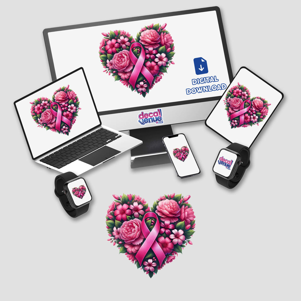 Floral Heart and Pink Ribbon Breast Cancer design on a computer monitor and laptop, featuring heart and flower motifs. Available as Stickers or Digital Artwork.