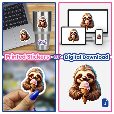 Adorable sloth with ice cream digital artwork available as printed stickers or digital download from Decal Venue, an online store featuring unique stickers and digital art created by talented designers.