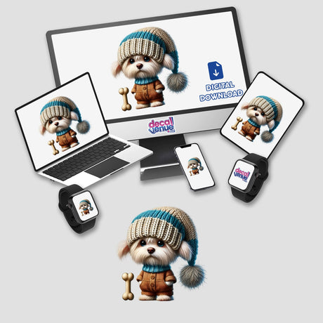 Adorable Maltese gnome holding a dog bone, displayed on various digital devices with the Decal Venue logo. The gnome's cozy winter outfit and playful expression create a charming and whimsical digital artwork.