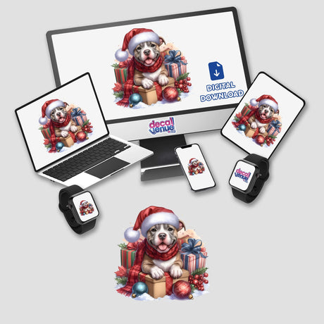 Christmas Eve Pitbull Dog displayed on various digital screens and devices, featuring a cartoon dog in a Santa hat with gifts, offered as stickers or digital artwork from Decal Venue.