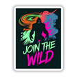 Join The Wild With Bigfoot: A striking poster featuring a silhouette of Bigfoot, complemented by bold pink and green text, available as unique stickers or digital artwork from Decal Venue.