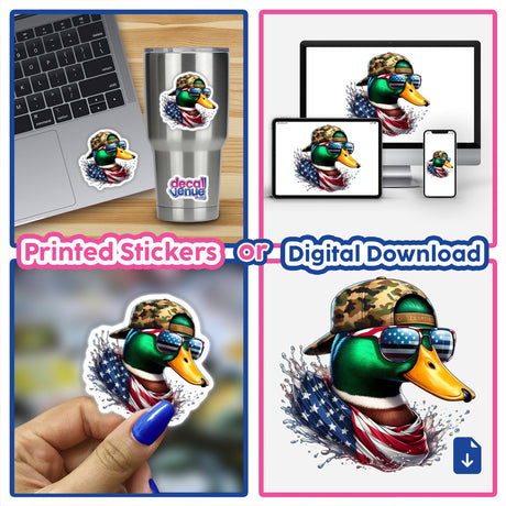 Mallard Duck American Stud sticker featuring a cartoon duck wearing a hat and sunglasses, perfect for laptops and cups. Available as vinyl stickers or digital artwork.