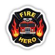 FIRE HERO 0008 sticker featuring a firefighter emblem with flames and a red fire truck, available at Decal Venue. Ideal for unique sticker or digital artwork collections.