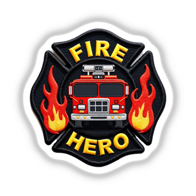 FIRE HERO 0008 sticker featuring a firefighter emblem with flames and a red fire truck, available at Decal Venue. Ideal for unique sticker or digital artwork collections.