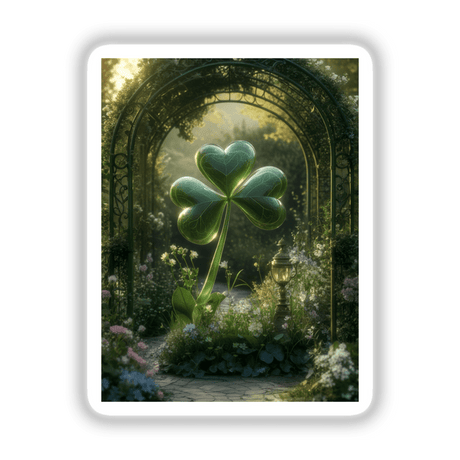 Enchanted Clover Garden – A giant shamrock beneath a green archway, available as stickers or digital artwork, capturing the essence of lush greenery in a garden setting.