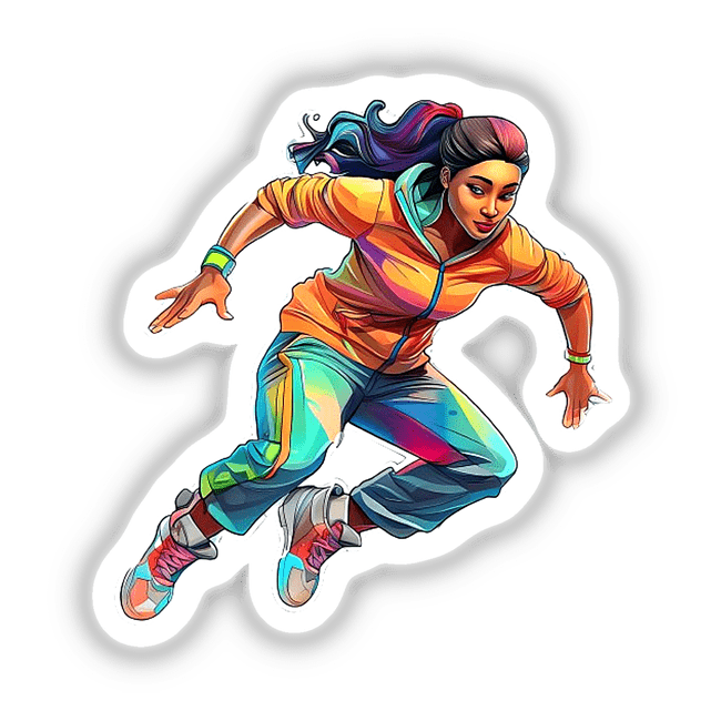 Dynamic digital artwork depicting a stylized female character in vibrant, colorful attire jumping in motion with expressive body language.