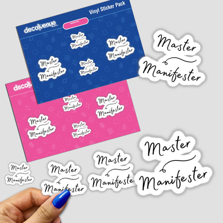 Hand holding 'Master Manifester' stickers featuring intricate designs, highlighting Decal Venue's unique collection of stickers and digital art.