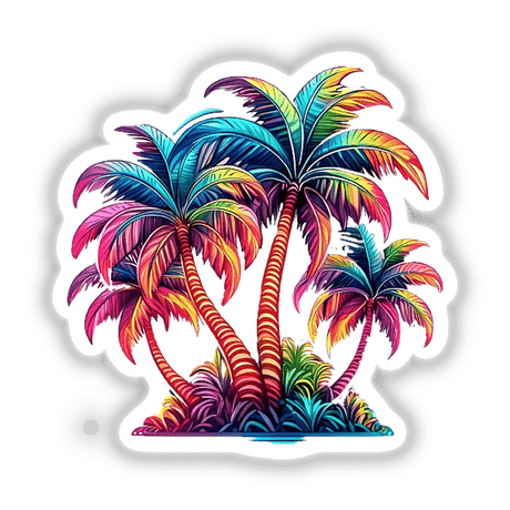 Vibrant digital artwork featuring a tropical scene with colorful palm trees against a white background.