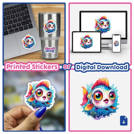 Chibi Googly-Eyed Fish digital artwork and sticker featuring a cartoon fish with big eyes, shown on a laptop and as a sticker held in a hand.