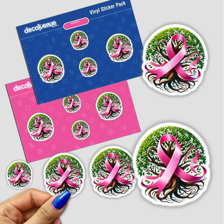 Hand holding Breast Cancer Ribbon sticker intertwined with tree branches from Decal Venue's unique sticker collection.