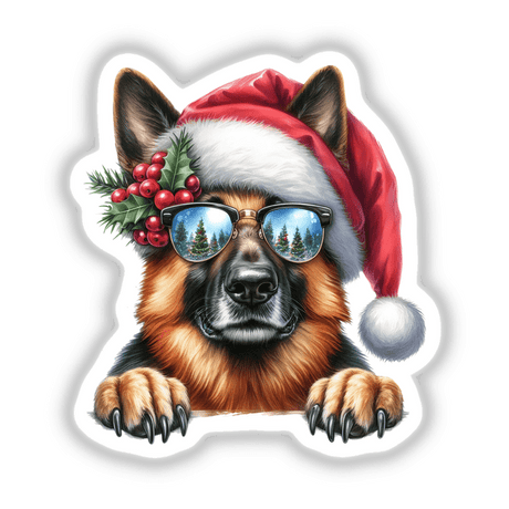 Resting Christmas Santa German Shepherd Mistletoe Dog wearing a Santa hat and sunglasses, available as stickers or digital artwork from Decal Venue.