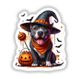 Happy Halloween Pitbull illustration featuring a dog wearing a hat and scarf, accompanied by a pumpkin basket. Available as stickers or digital artwork, from Decal Venue.