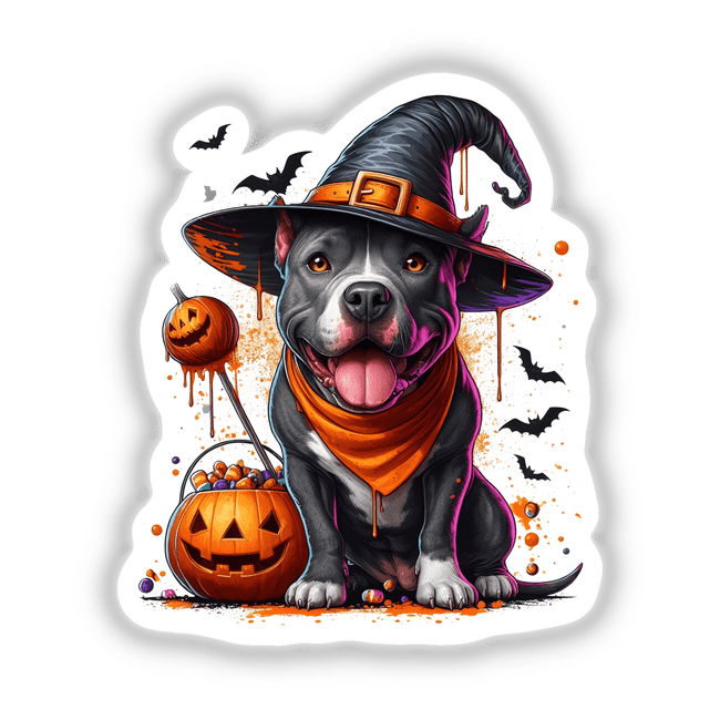 Happy Halloween Pitbull illustration featuring a dog wearing a hat and scarf, accompanied by a pumpkin basket. Available as stickers or digital artwork, from Decal Venue.