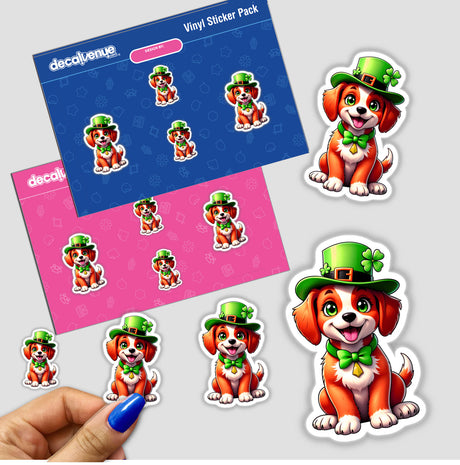 St. Patrick's Day Puppy stickers feature cartoon dogs in green hats, perfect as unique decals or digital artwork from Decal Venue, showcasing playful themed designs.