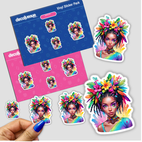 Tribal Pop Art Sticker featuring a futuristic female with colorful dreads and floral accents, available as stickers or digital artwork.