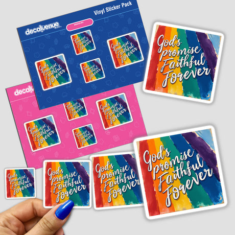 Hand holding God’s Promise, Faithful Forever - Genesis 9:13 Christian Sticker pack, showcasing colorful, uplifting Bible verse clipart available as stickers or digital artwork.