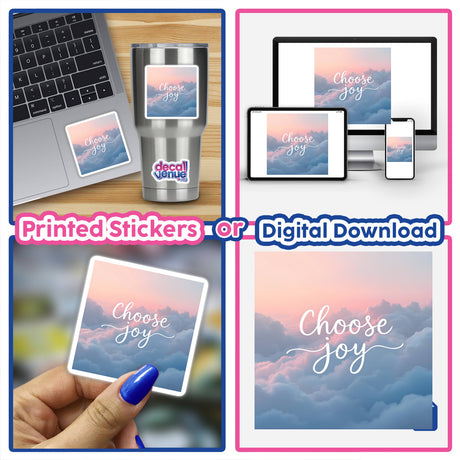 Collage featuring Choose Joy minimalist quote as stickers and digital artwork, displayed on a laptop and other surfaces, showcasing unique designs from Decal Venue.