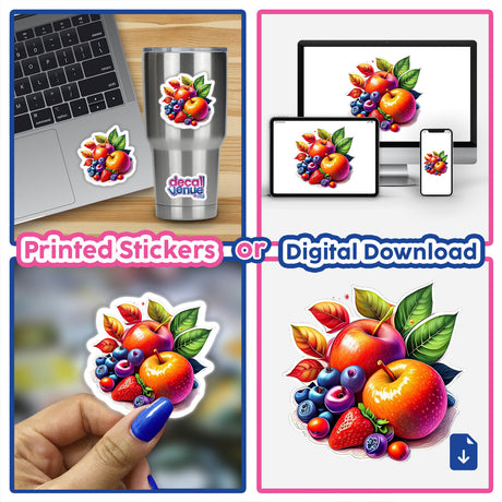 Vibrant digital artwork featuring a delicious assortment of fresh fruits, including apples, berries, and leaves, available as printable stickers or a downloadable digital image.