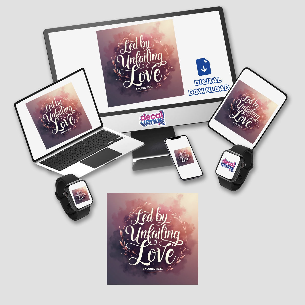 Computer monitor, laptop, and phone displaying the Led by Unfailing Love – Exodus 15:13 design, available as Christian sticker or clipart with commercial rights from Decal Venue.