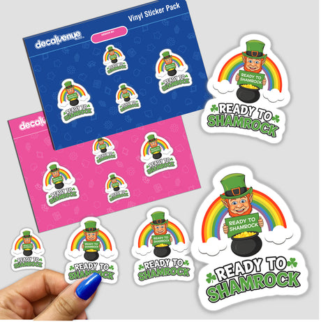 Ready To Shamrock St. Patrick's Day sticker featuring a cartoon leprechaun holding a sign, ideal for festive decoration. Available as a sticker or digital artwork from Decal Venue.