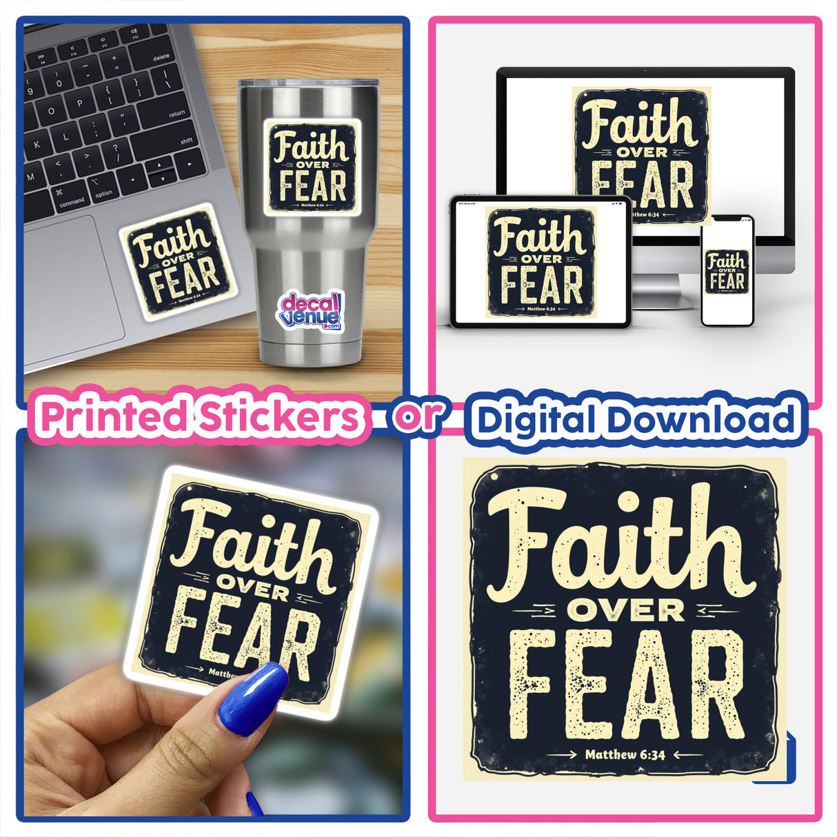 Faith Over Fear – Inspired by Matthew 6:34 sticker on a laptop, featuring uplifting Christian affirmation. Available as stickers or digital artwork, ideal for personal or commercial use from Decal Venue.