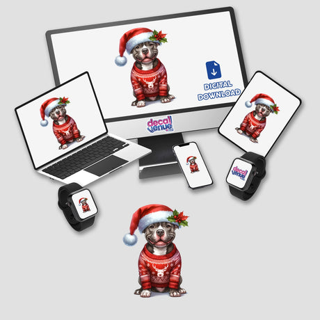 Pitbull Santa Dog in Ugly Christmas Sweater III sticker featuring a dog wearing a red and white sweater with a Santa hat, perfect for holiday-themed decorations or digital artwork.