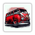 Vibrant retro VW bus digital artwork with distinctive red and black colors, classic design features, and peace symbol branding, displayed on a white background.