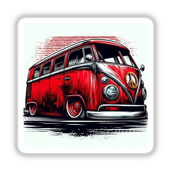 Vibrant retro VW bus digital artwork with distinctive red and black colors, classic design features, and peace symbol branding, displayed on a white background.