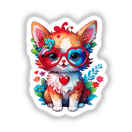 Cute Kitty with Red Heart Glasses, a cartoon cat illustration available as stickers or digital artwork from Decal Venue, featuring red heart-shaped glasses and surrounded by colorful flowers.