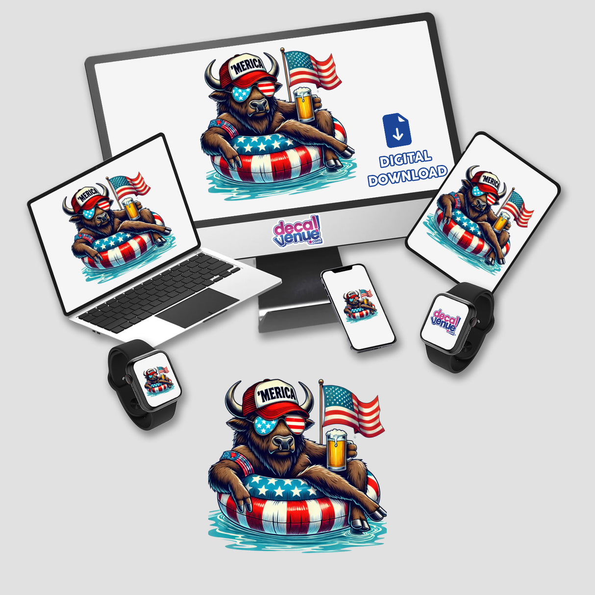 Bison American Flag Float Merica: A laptop, smartphone, and smartwatch display a cartoon bison with a hat, glasses, beer, and flag. Available as stickers or digital artwork.