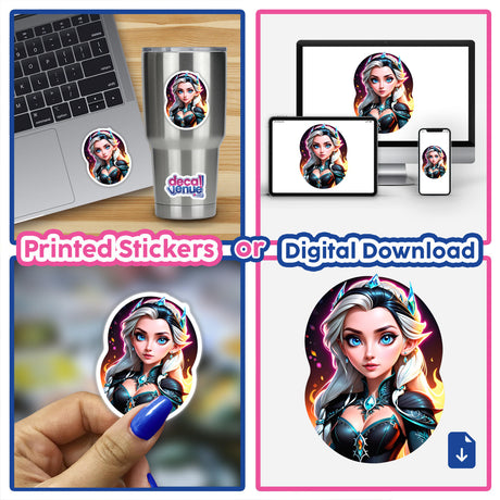 An Evil Queen Anime Girl depicted in a collage featuring various cartoon images, available as stickers or digital artwork from Decal Venue.