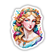 Sticker Design of Marble Statue of Aphrodite: Timeless Greek Art Aesthetic featuring a woman with colorful hair adorned with flowers, a close-up eye, red lips, and a gold necklace with blue gemstones.