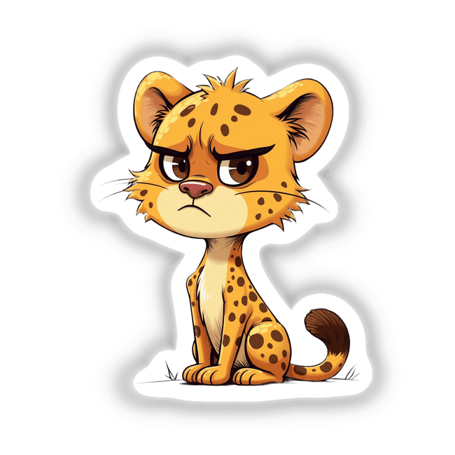 Cute Grumpy Cartoon Leopard Sitting, depicted in a playful illustration, ideal for stickers or digital art.